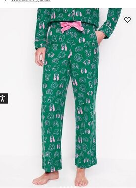 Boden Dog Faces Flannel Pajama Pants Pink Green US Velvet Tie Piping